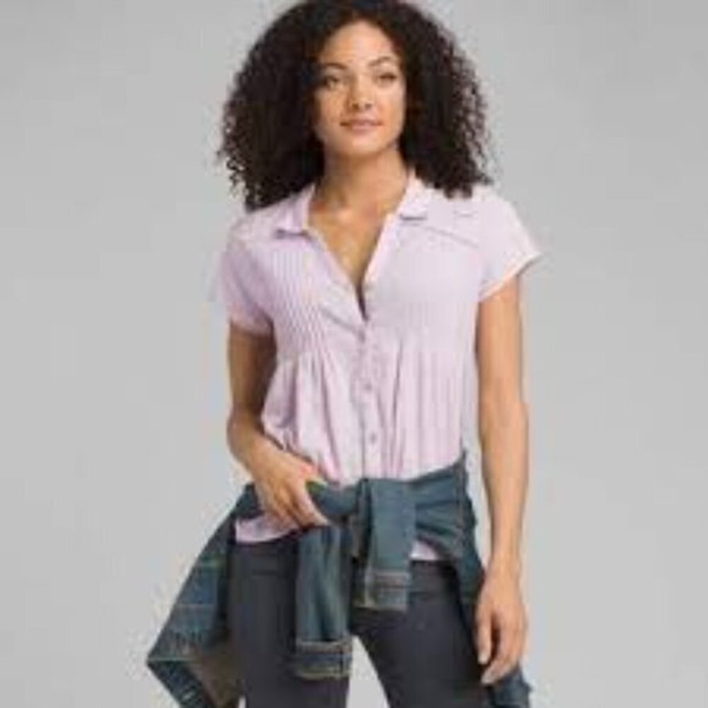 PRANA Organic Short Sleeve Katya Blouse NWT Bleached Lavender Size Small